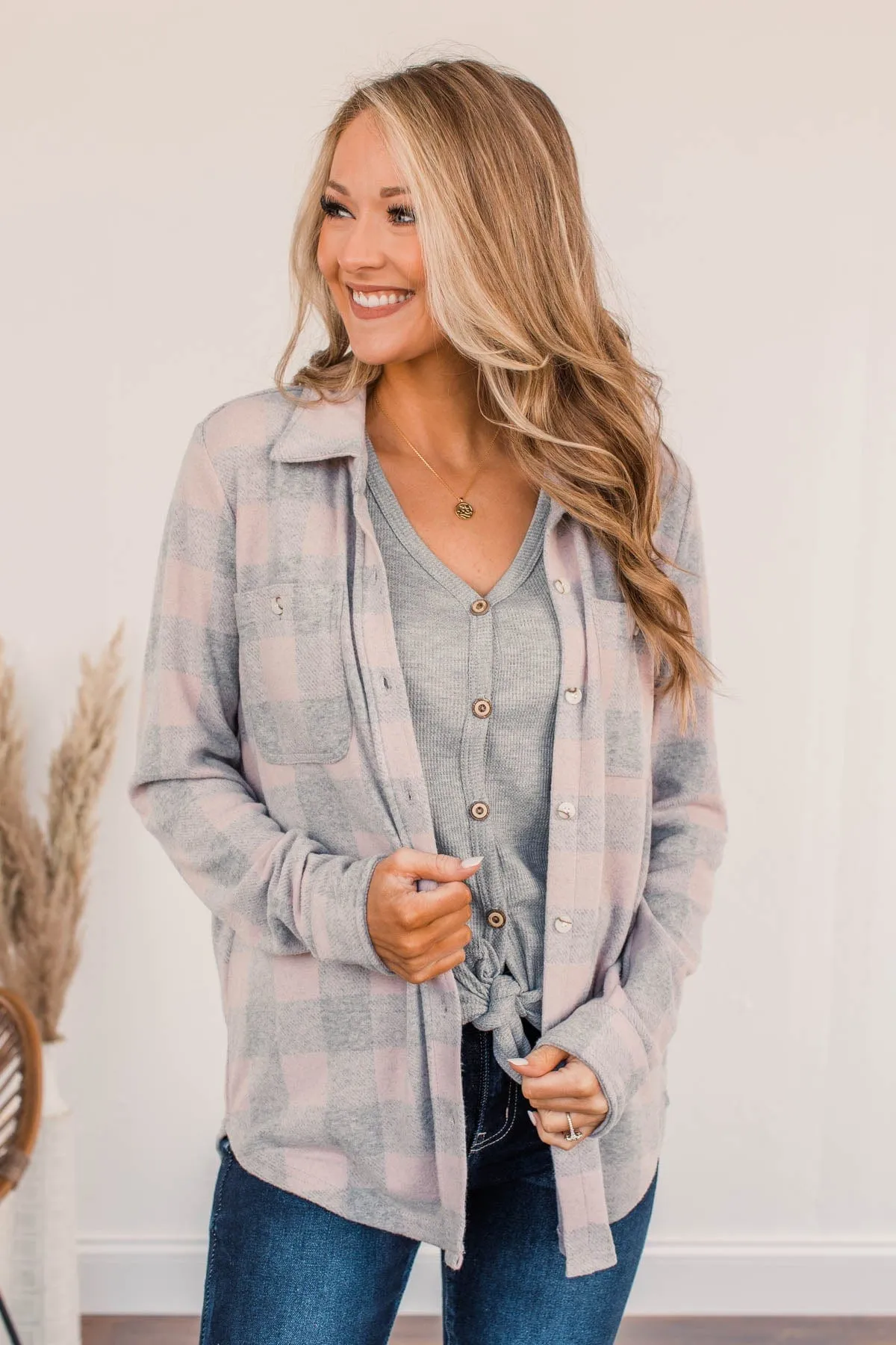 Thread & Supply Free Falling Lightweight Button Down Jacket- Gray & Pink