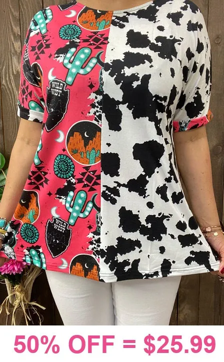 Western Print & Half Cow print top