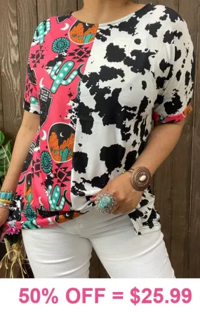 Western Print & Half Cow print top