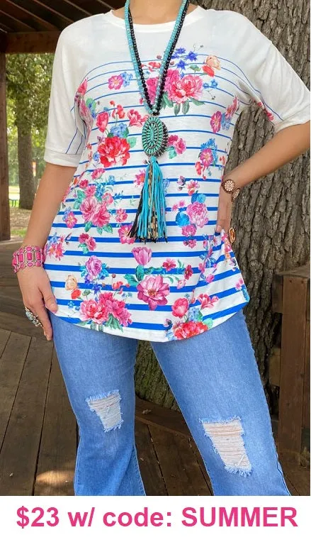 White & Blue stripe top with floral print