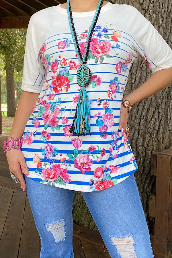 White & Blue stripe top with floral print