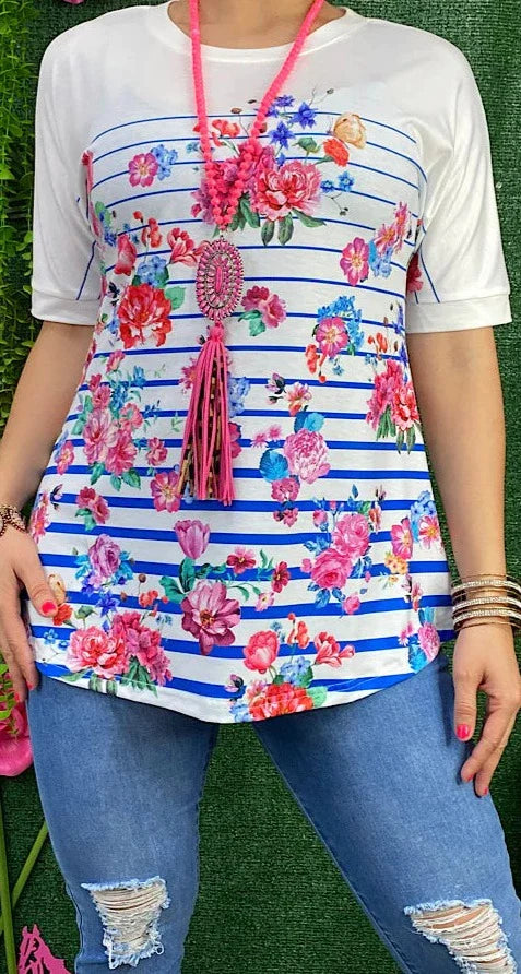 White & Blue stripe top with floral print