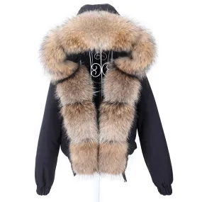 Women's Black Long-Sleeved Natural Raccoon Fur Collared Winter Jacket