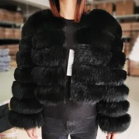 Women's Fashion Winter Real Fox Raccoon Fur Long Sleeve Jacket