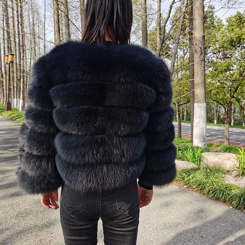 Women's Fashion Winter Real Fox Raccoon Fur Long Sleeve Jacket