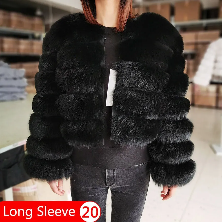 Women's Fashion Winter Real Fox Raccoon Fur Long Sleeve Jacket