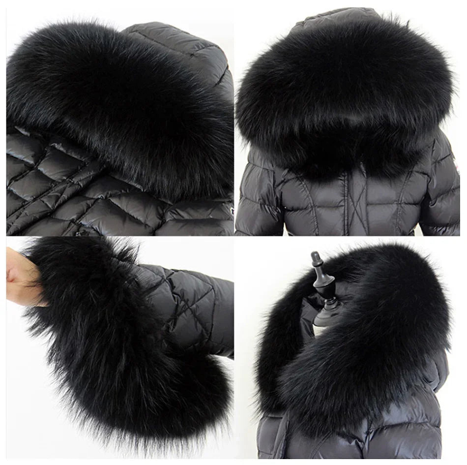 Women's Luxury Winter Polyester Real Raccoon Fur Collar Puffer Jacket