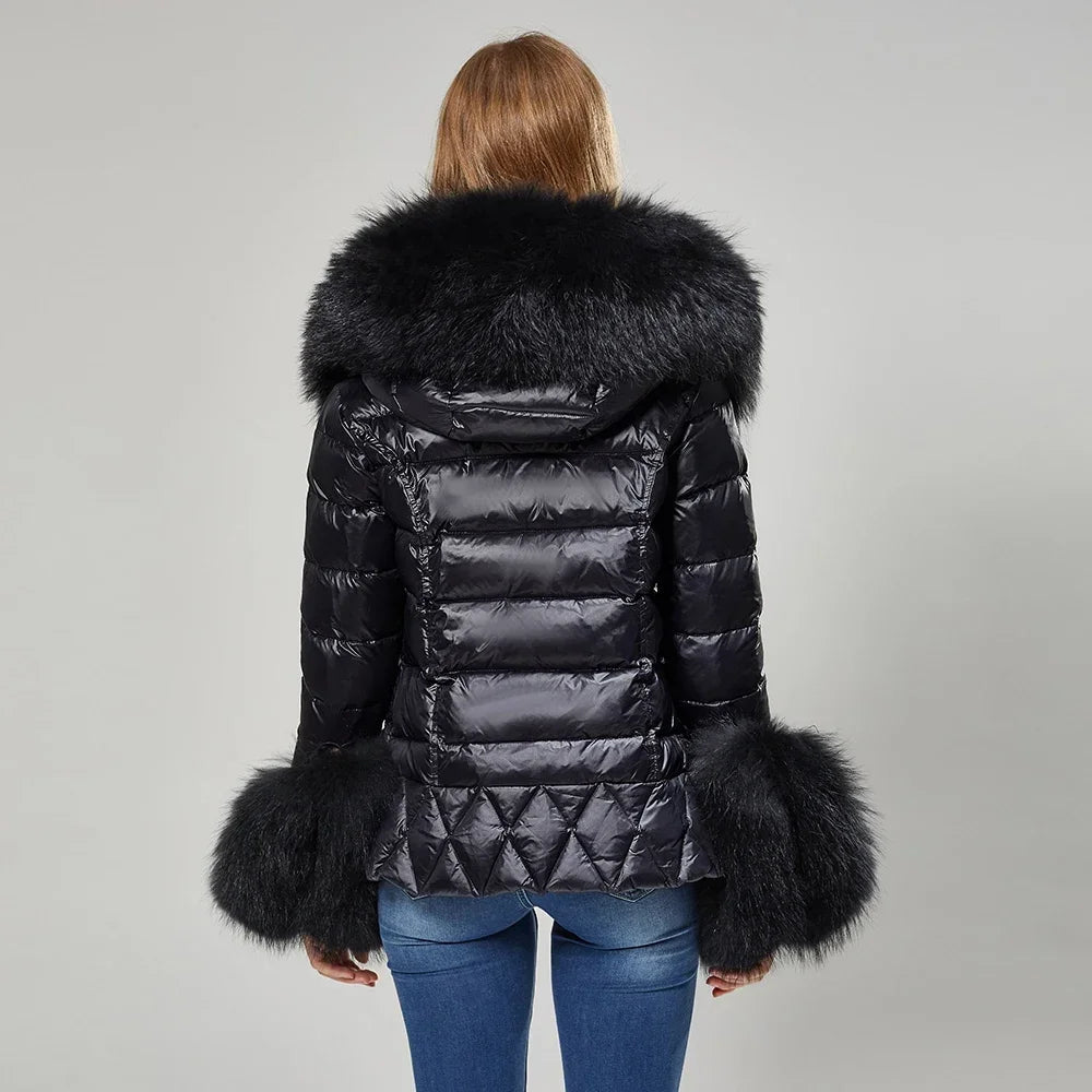 Women's Luxury Winter Polyester Real Raccoon Fur Collar Puffer Jacket