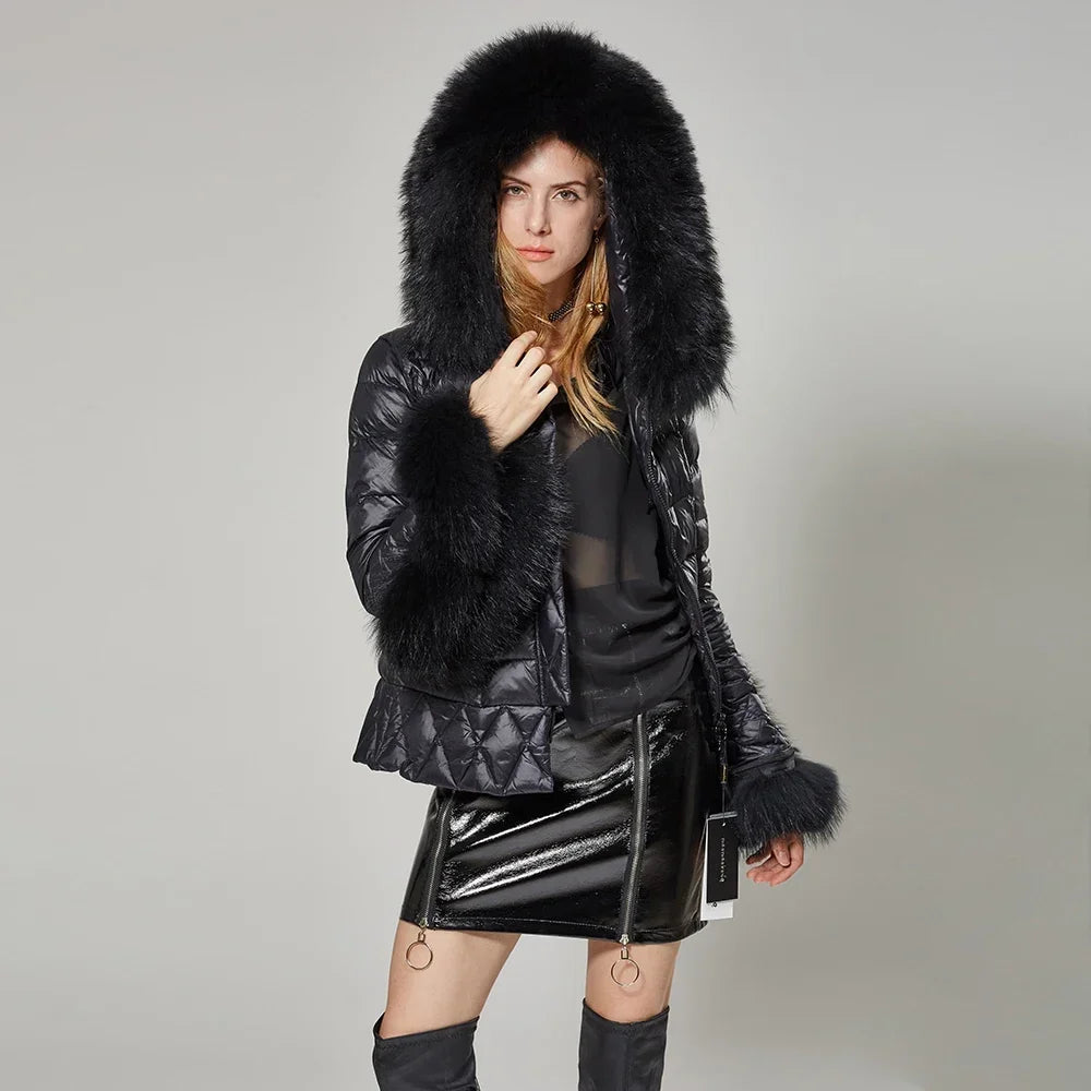 Women's Luxury Winter Polyester Real Raccoon Fur Collar Puffer Jacket