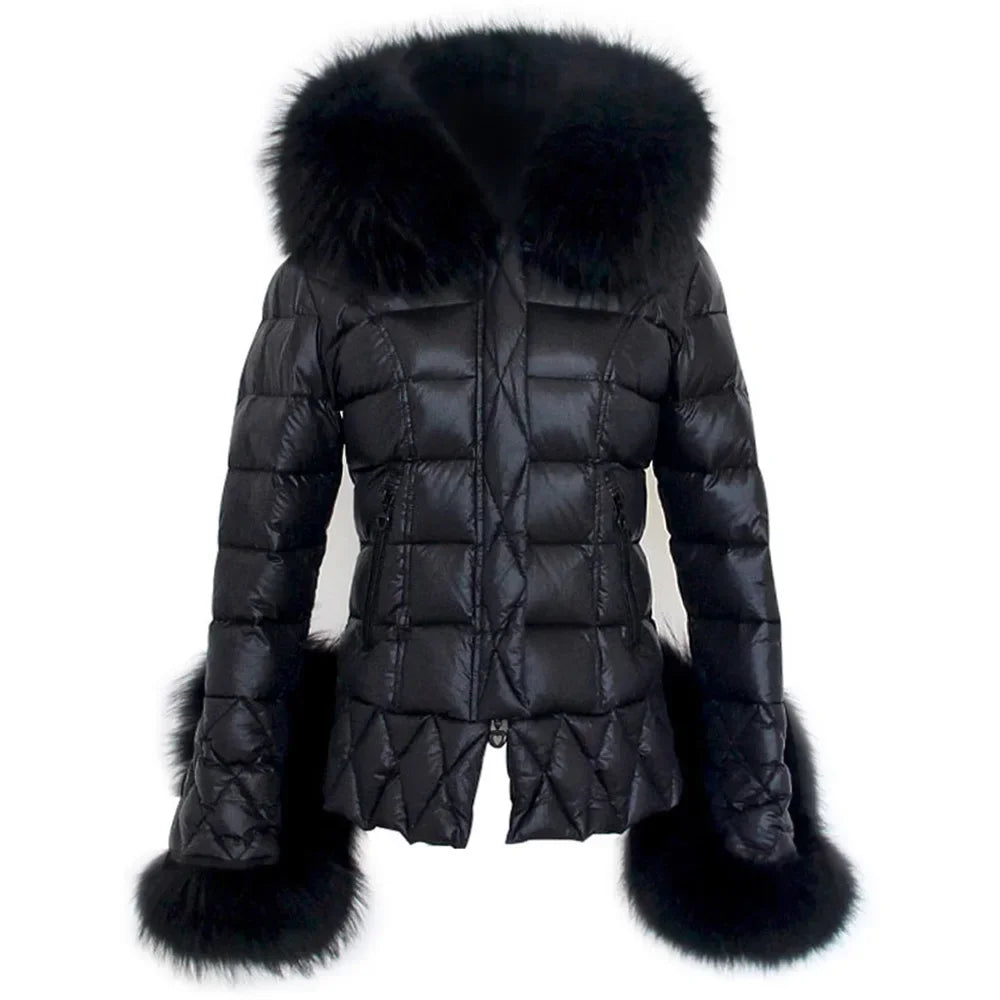 Women's Luxury Winter Polyester Real Raccoon Fur Collar Puffer Jacket