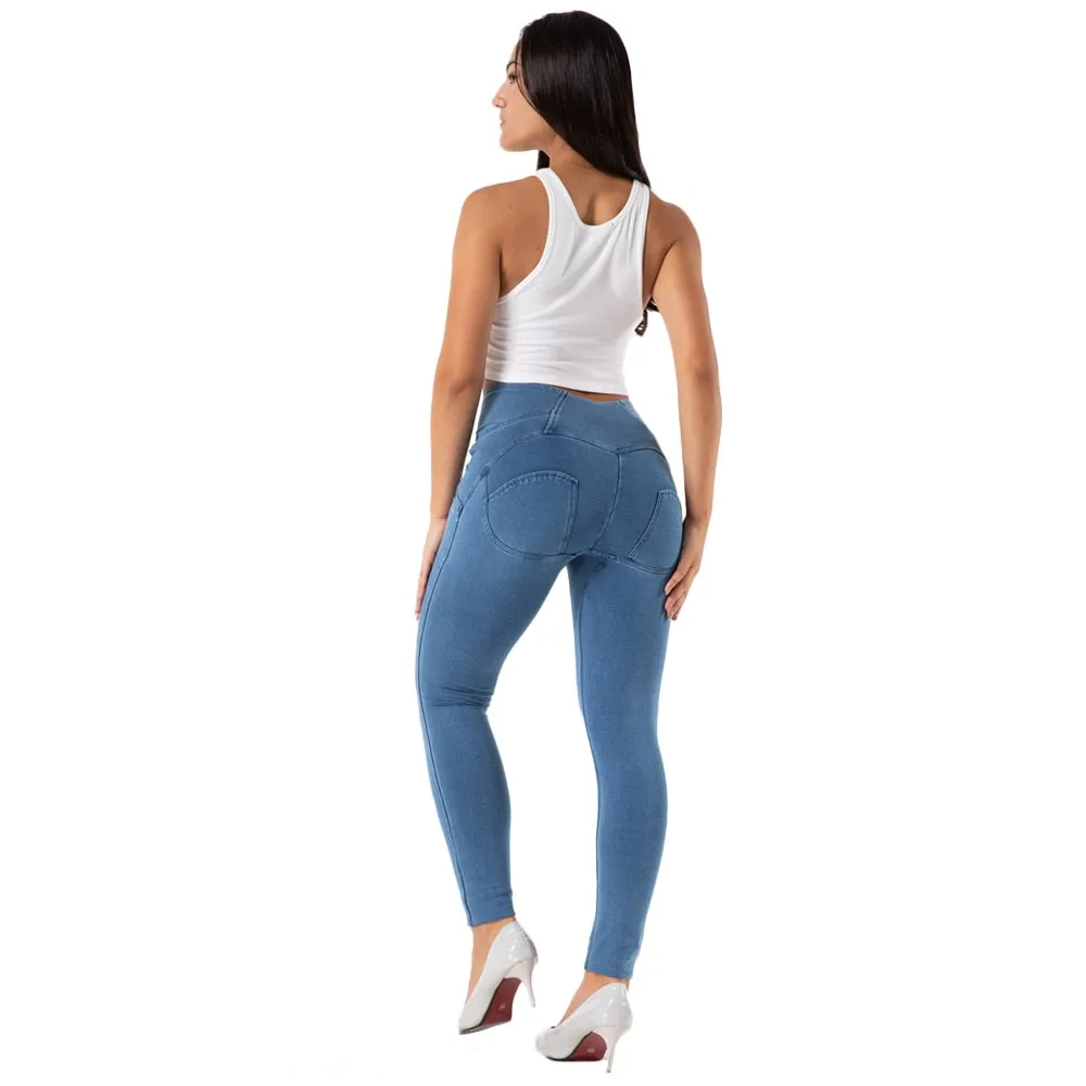 Women's Sexy Blue Denim Elastic High Waist Yoga Workout Fitness Leggings