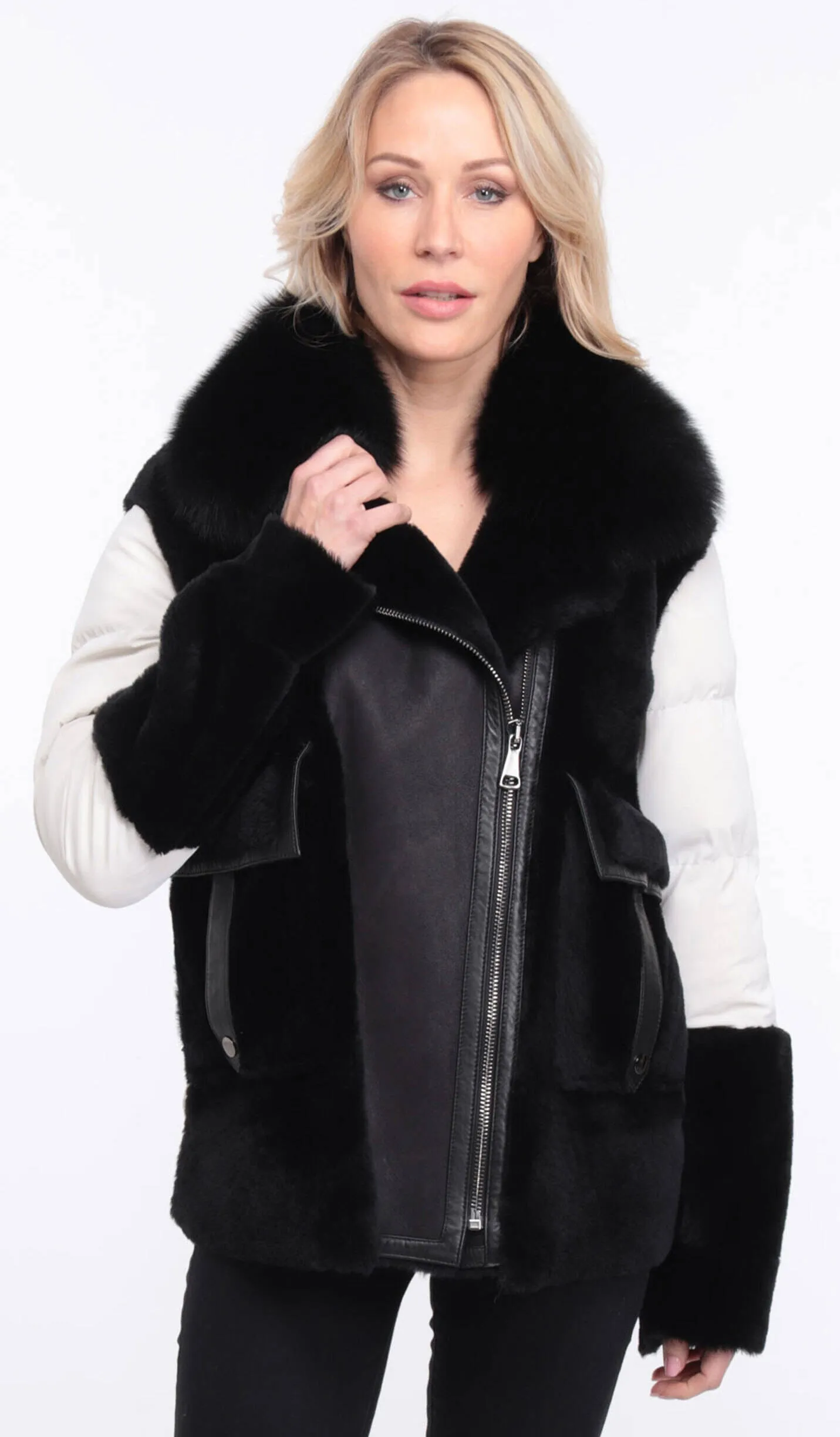 Women's sheepskin jacket + black/white bettie fabric