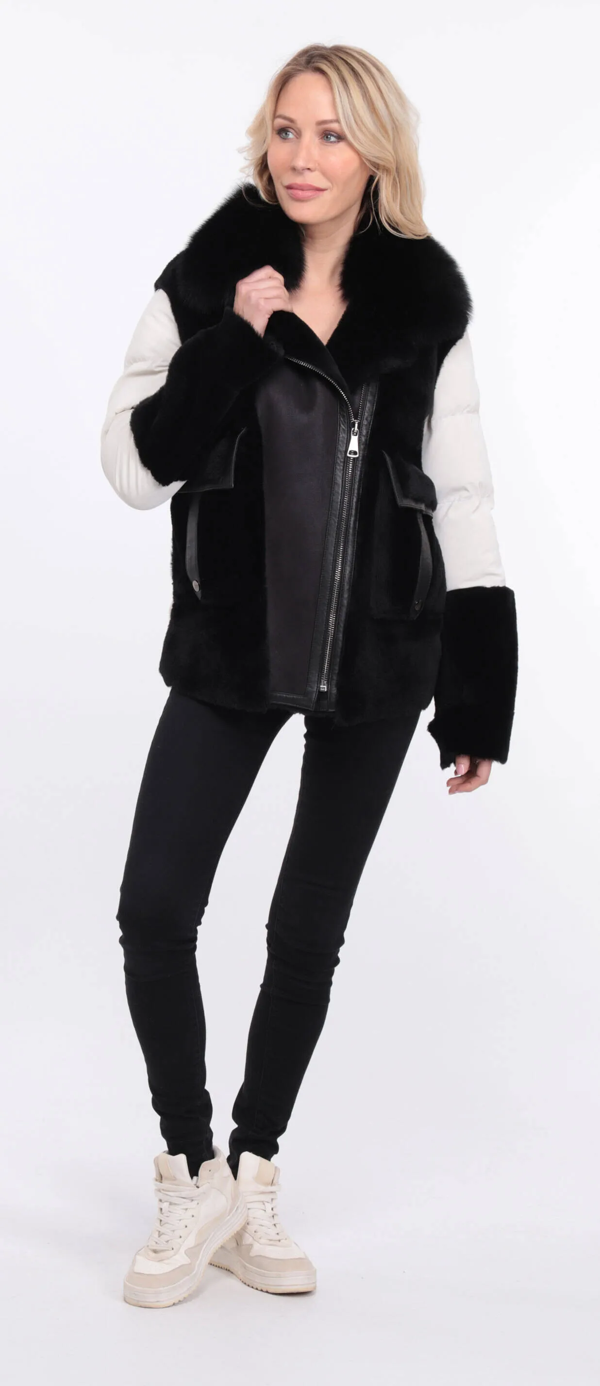 Women's sheepskin jacket + black/white bettie fabric