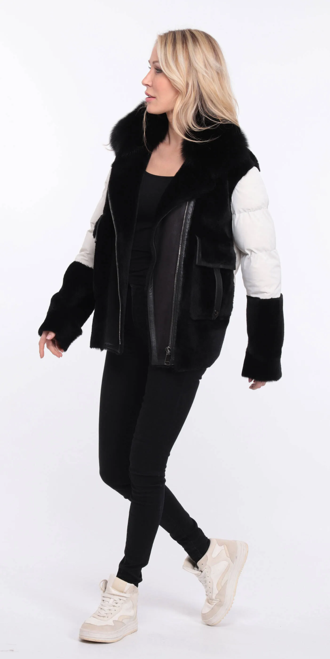 Women's sheepskin jacket + black/white bettie fabric