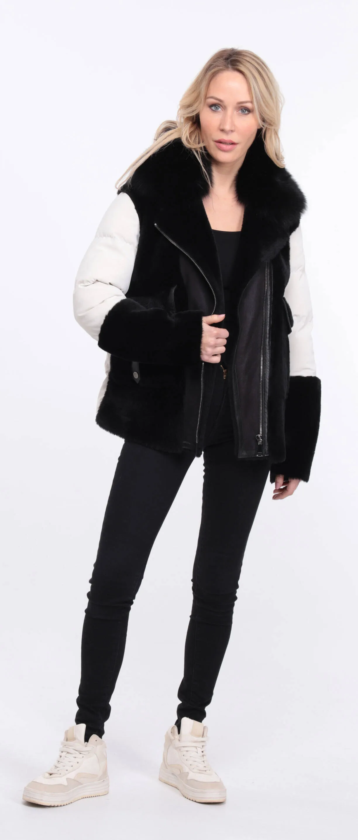 Women's sheepskin jacket + black/white bettie fabric