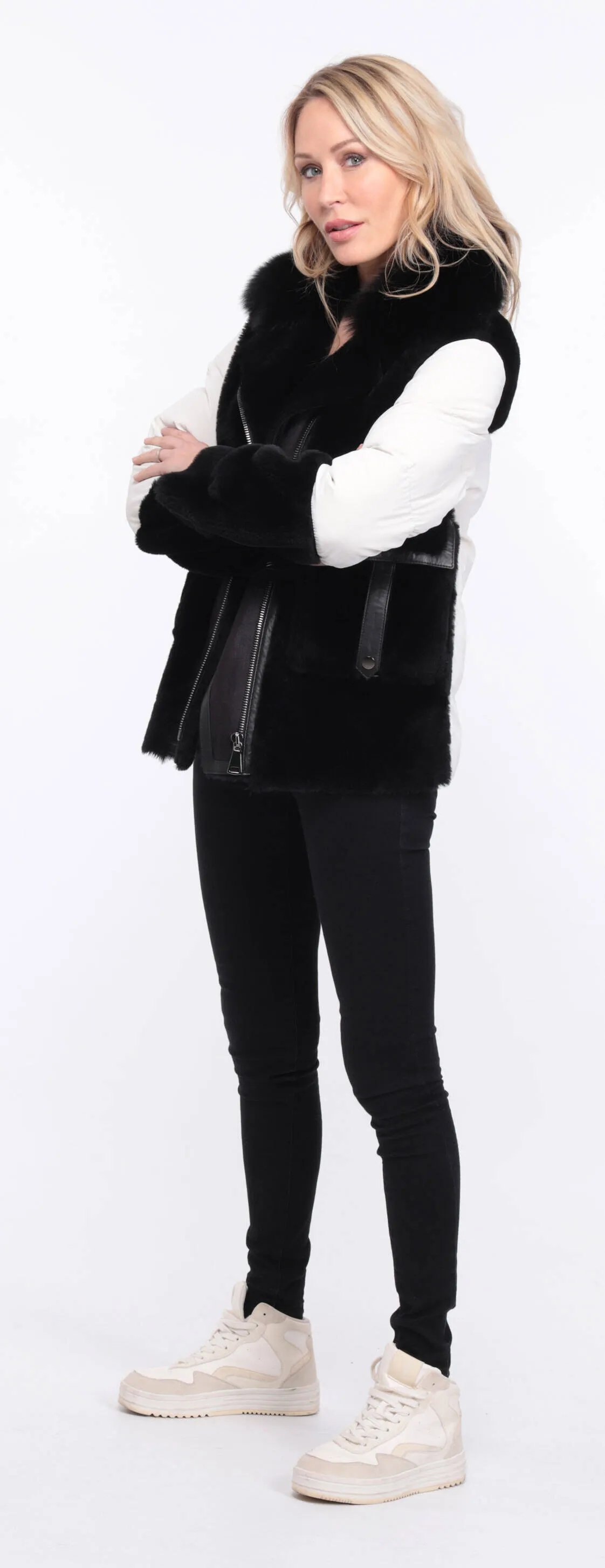 Women's sheepskin jacket + black/white bettie fabric