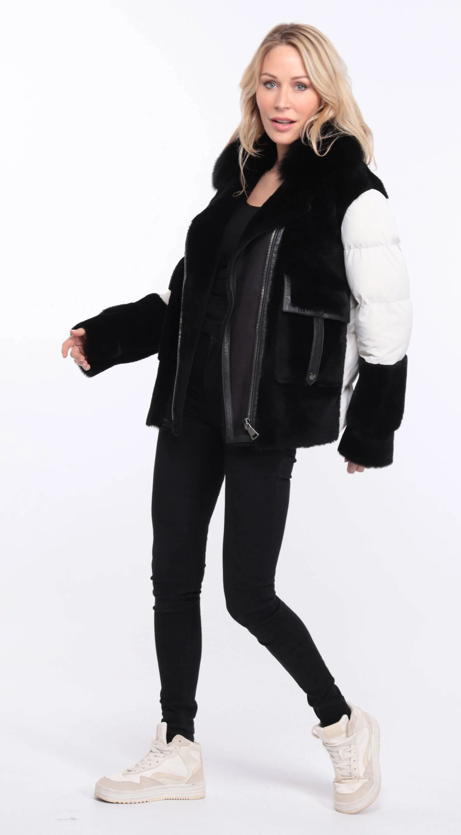 Women's sheepskin jacket + black/white bettie fabric