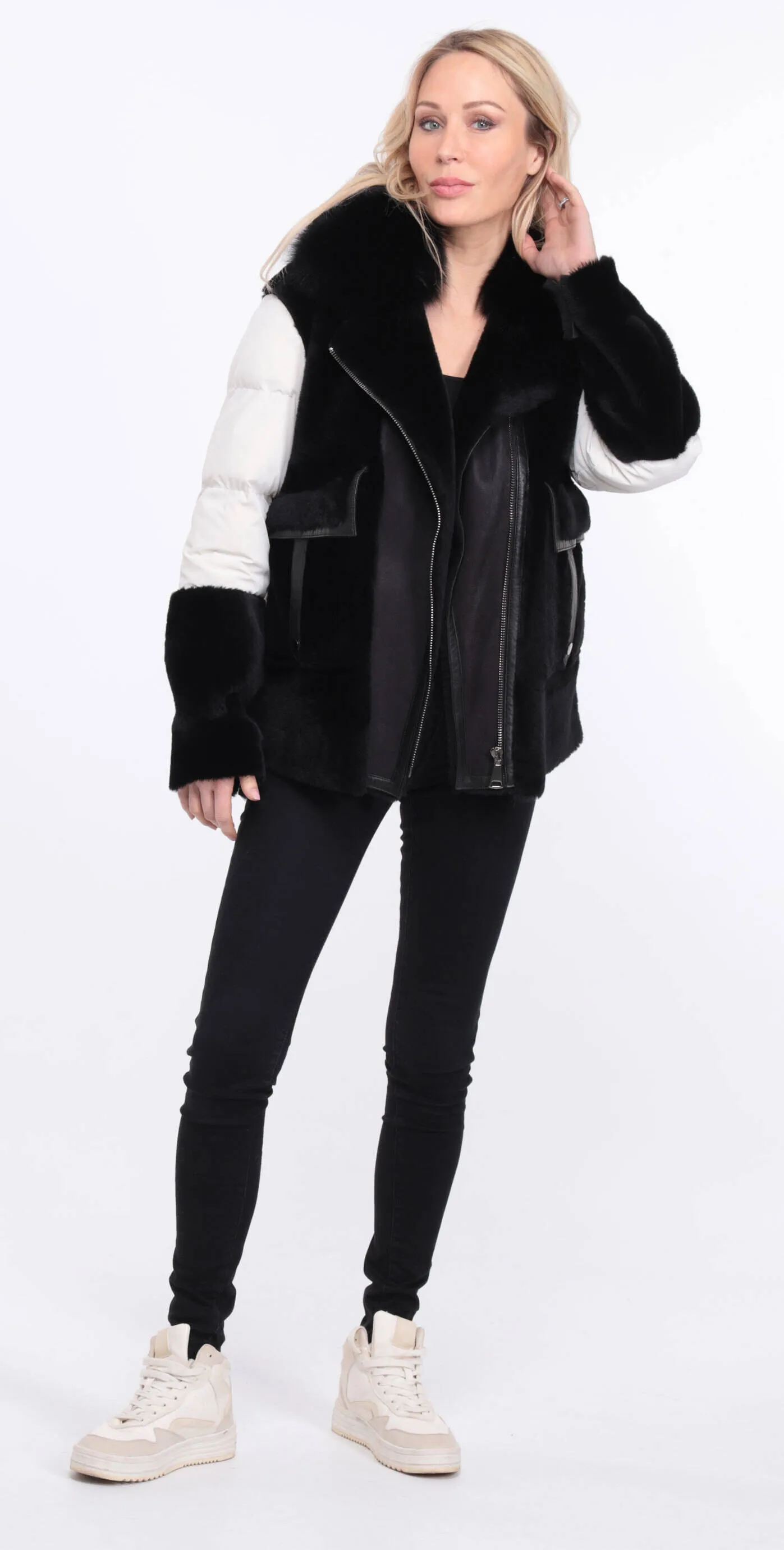 Women's sheepskin jacket + black/white bettie fabric