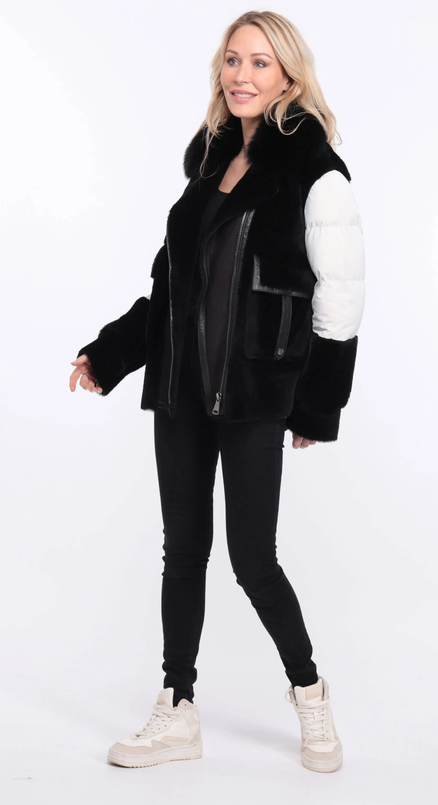 Women's sheepskin jacket + black/white bettie fabric