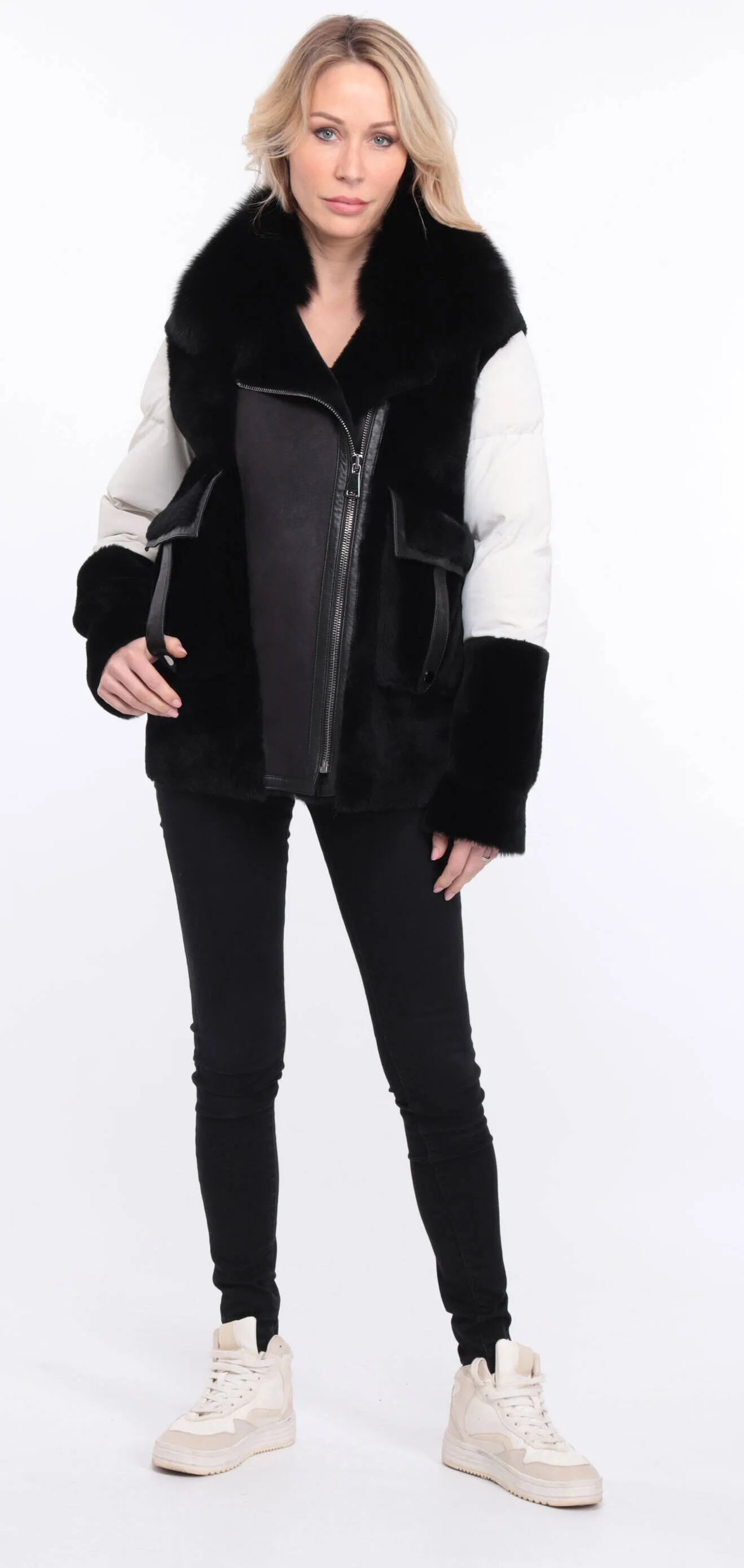 Women's sheepskin jacket + black/white bettie fabric