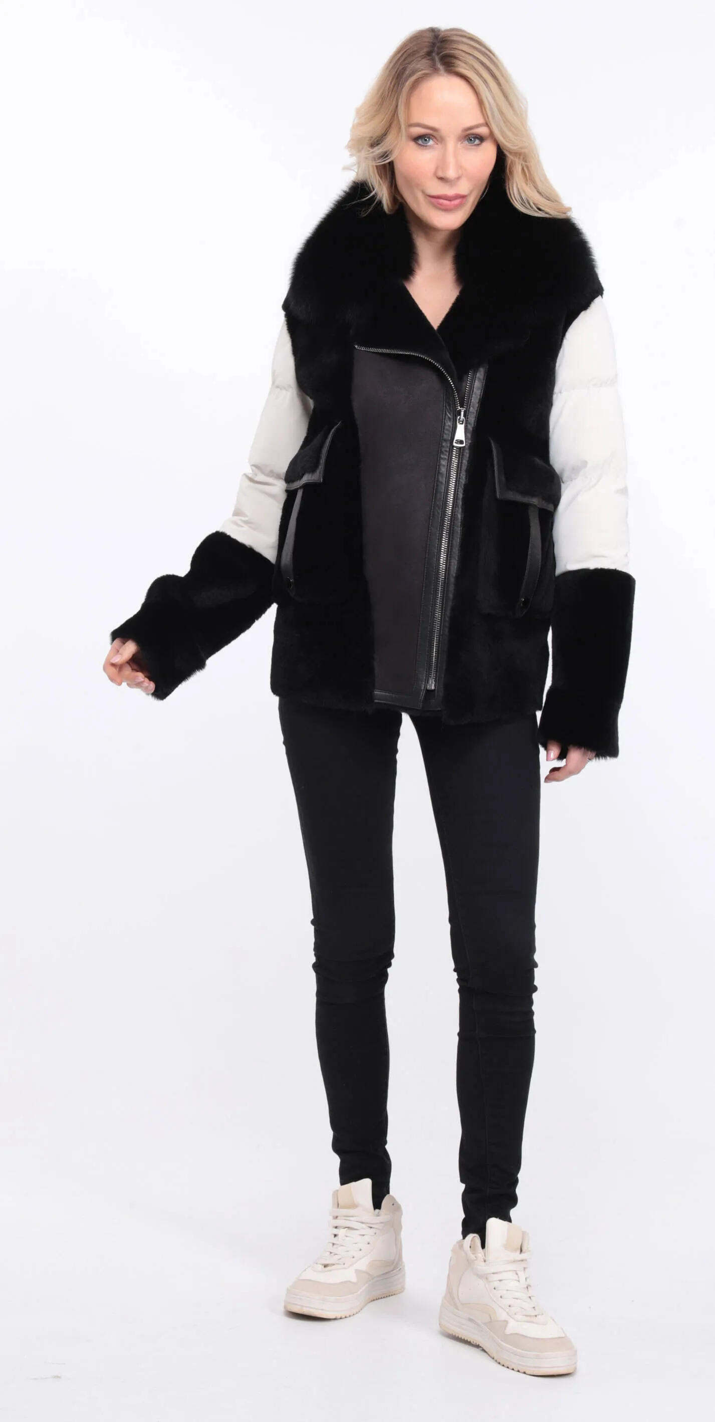 Women's sheepskin jacket + black/white bettie fabric