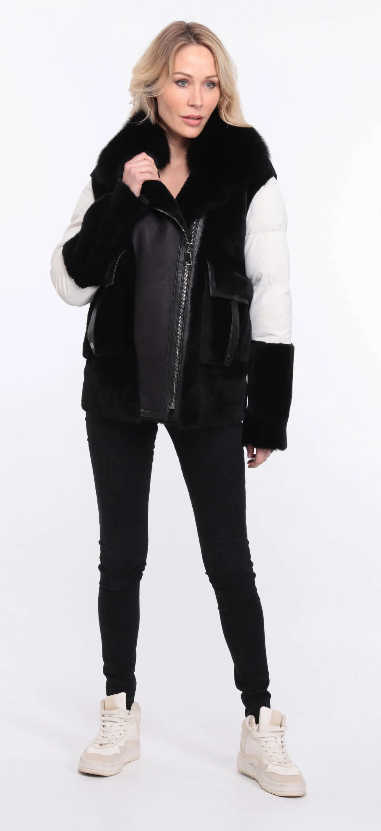 Women's sheepskin jacket + black/white bettie fabric