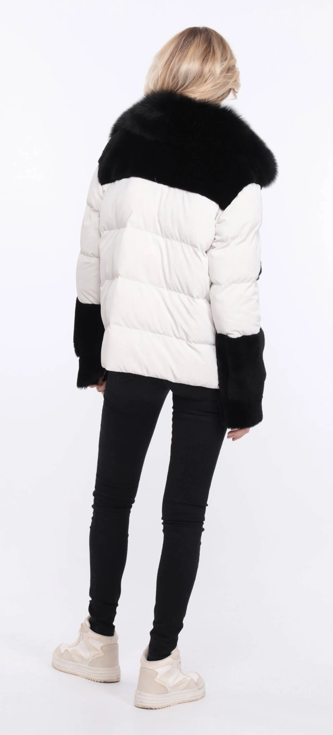 Women's sheepskin jacket + black/white bettie fabric