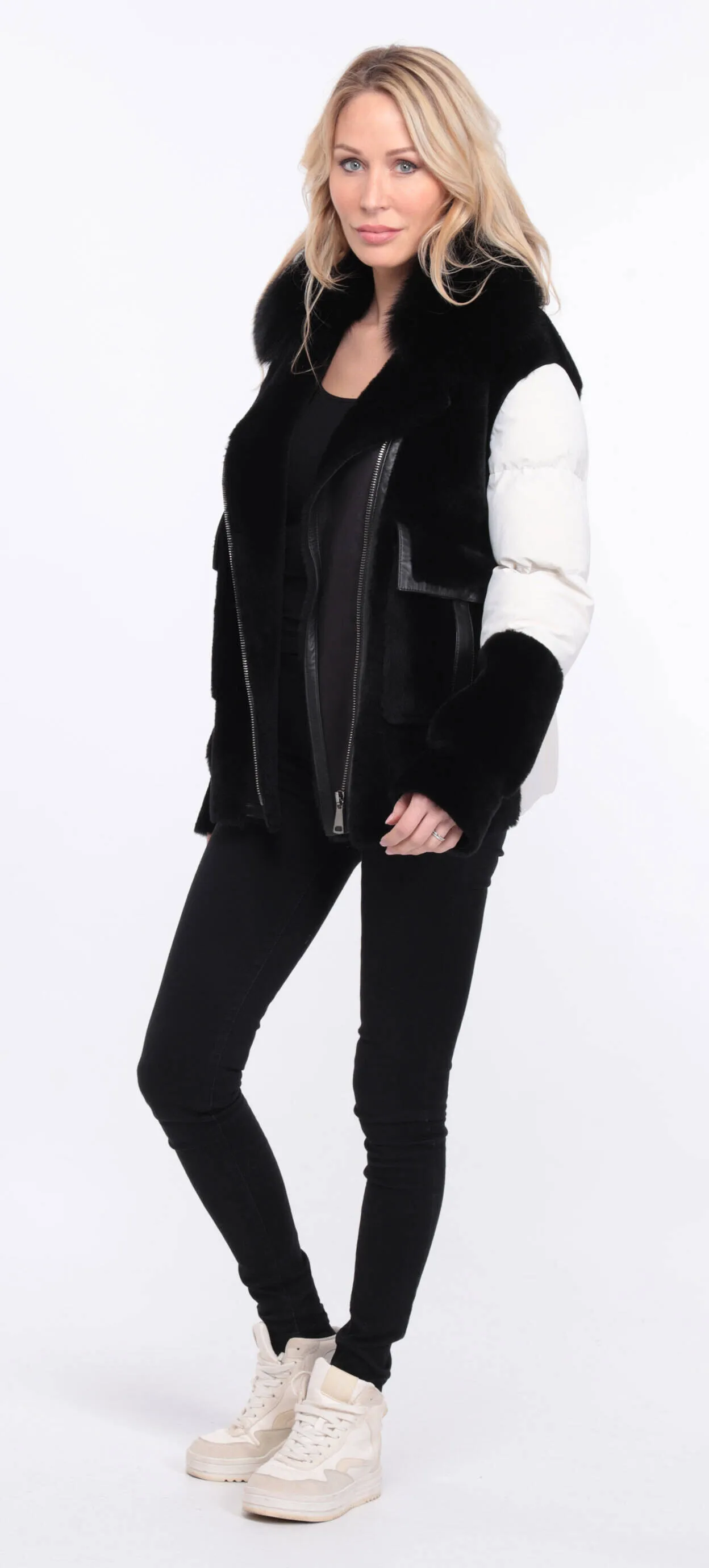 Women's sheepskin jacket + black/white bettie fabric