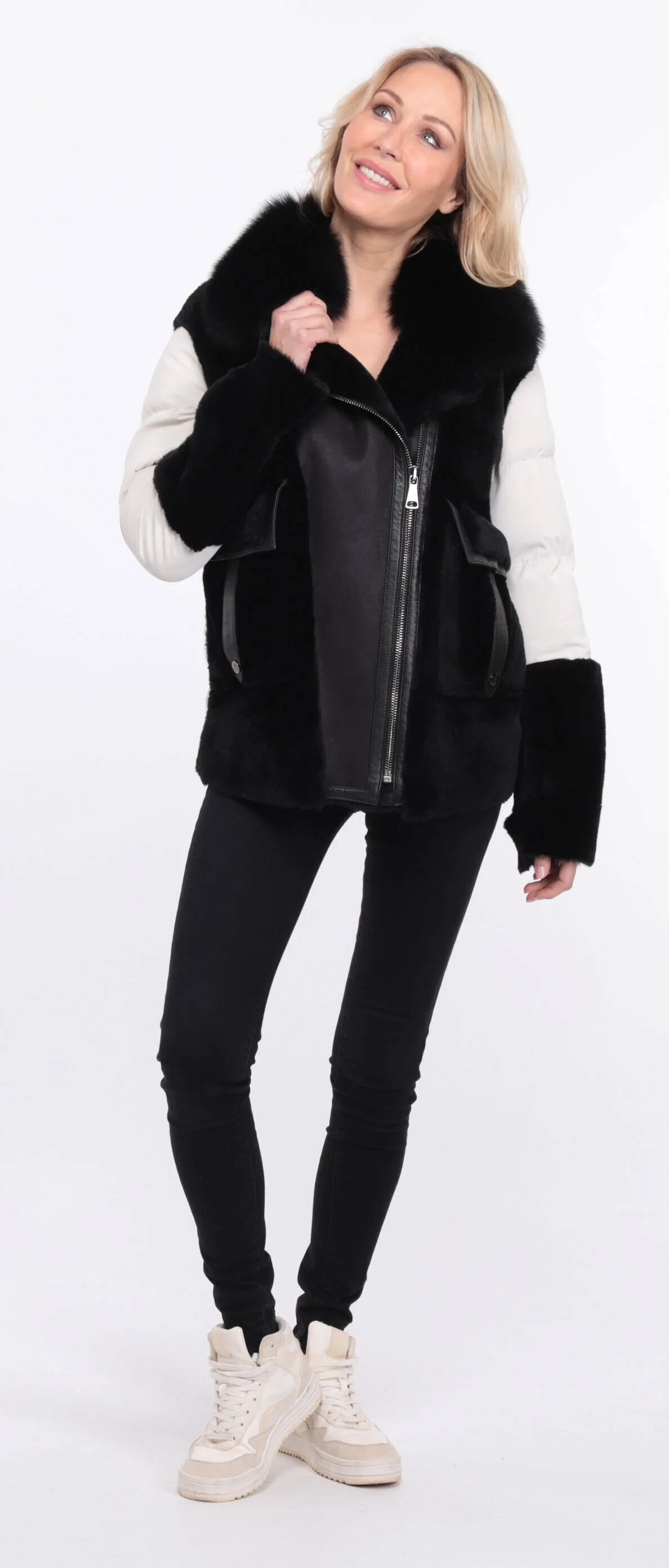 Women's sheepskin jacket + black/white bettie fabric