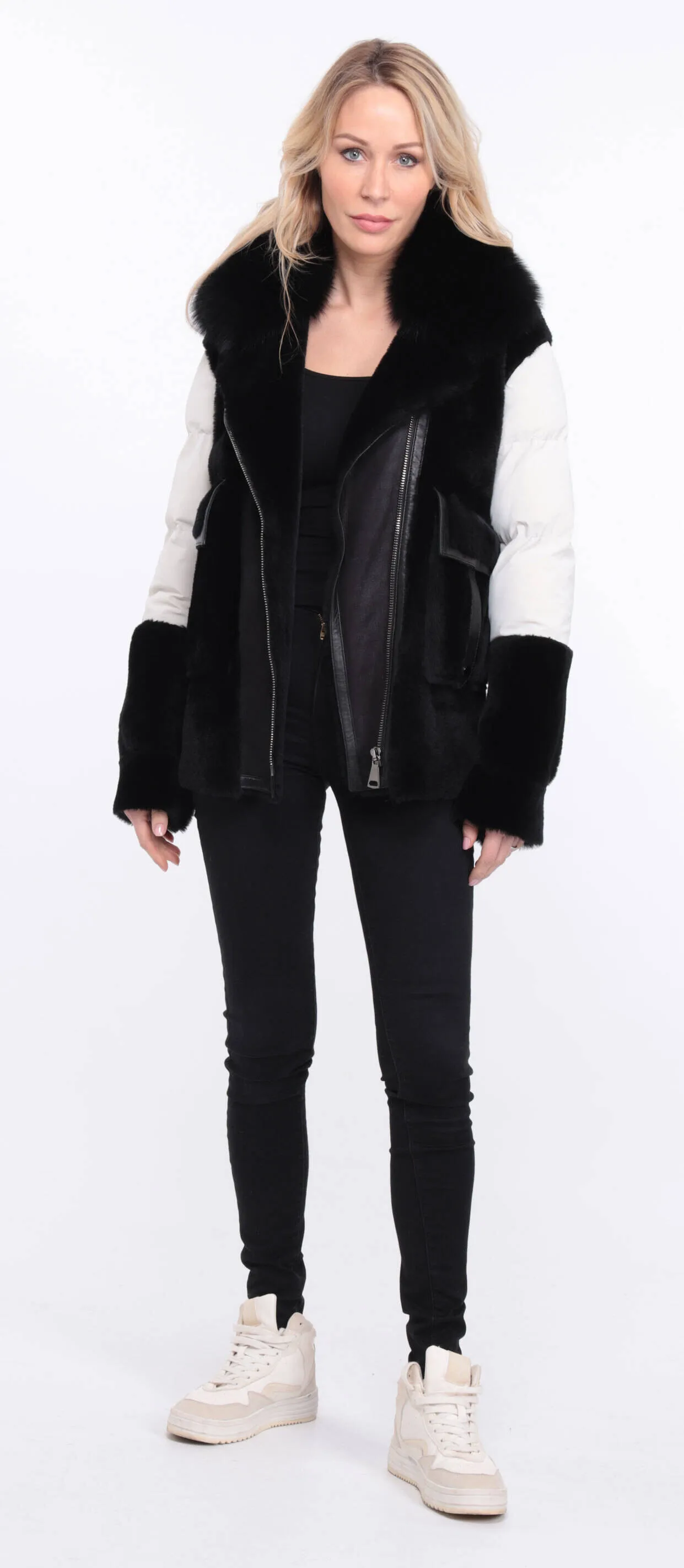 Women's sheepskin jacket + black/white bettie fabric