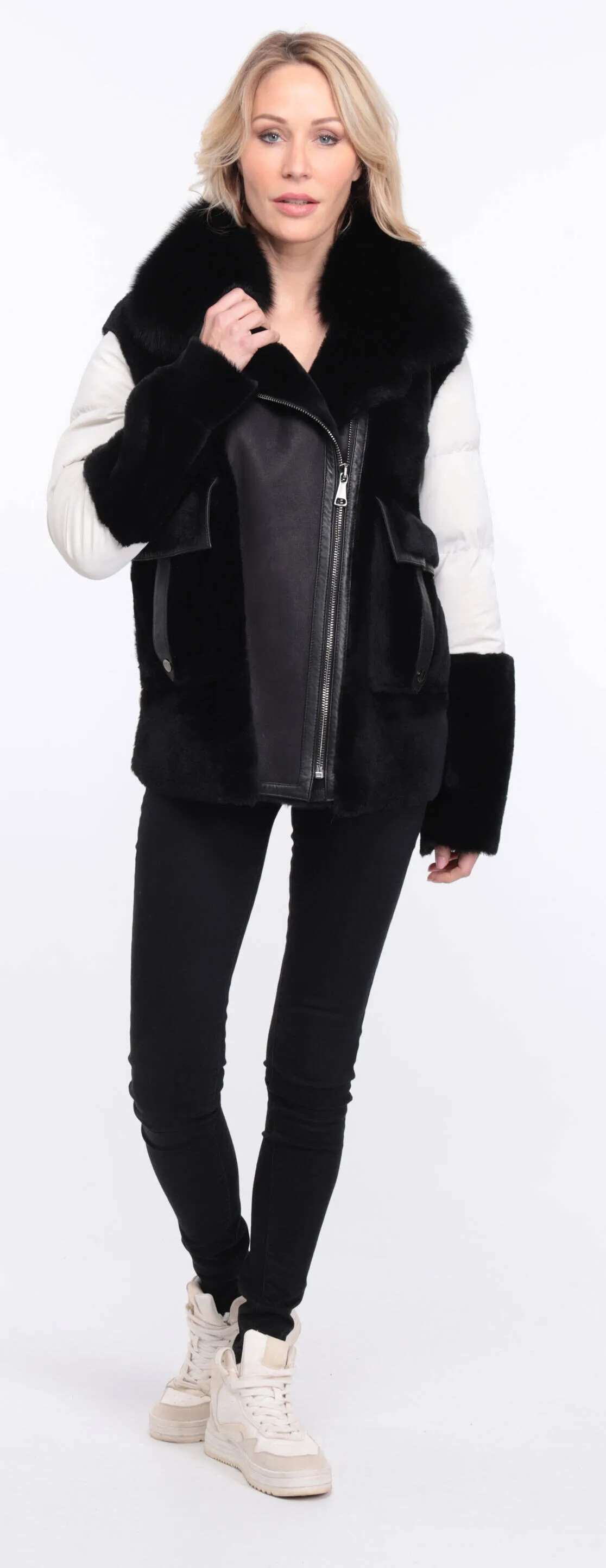 Women's sheepskin jacket + black/white bettie fabric