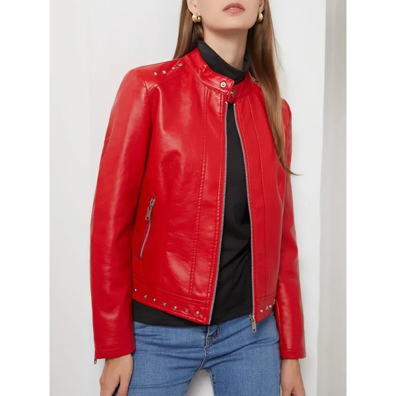 Women's Synthetic Leather Rivet O-Neck Moto Biker Zipper Jacket