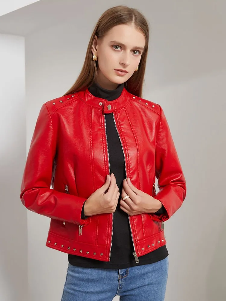 Women's Synthetic Leather Rivet O-Neck Moto Biker Zipper Jacket