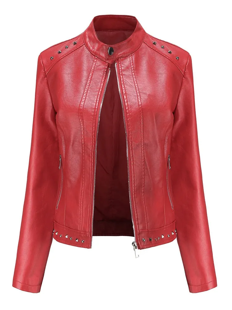 Women's Synthetic Leather Rivet O-Neck Moto Biker Zipper Jacket