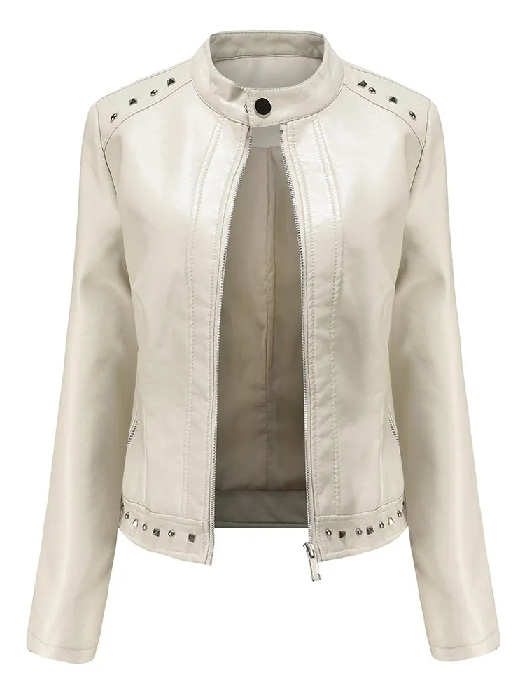 Women's Synthetic Leather Rivet O-Neck Moto Biker Zipper Jacket