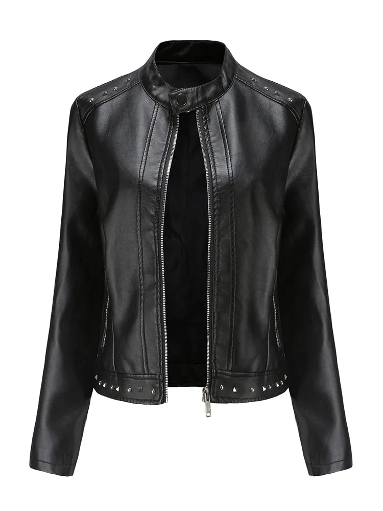 Women's Synthetic Leather Rivet O-Neck Moto Biker Zipper Jacket