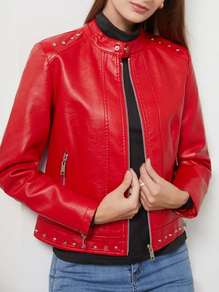 Women's Synthetic Leather Rivet O-Neck Moto Biker Zipper Jacket