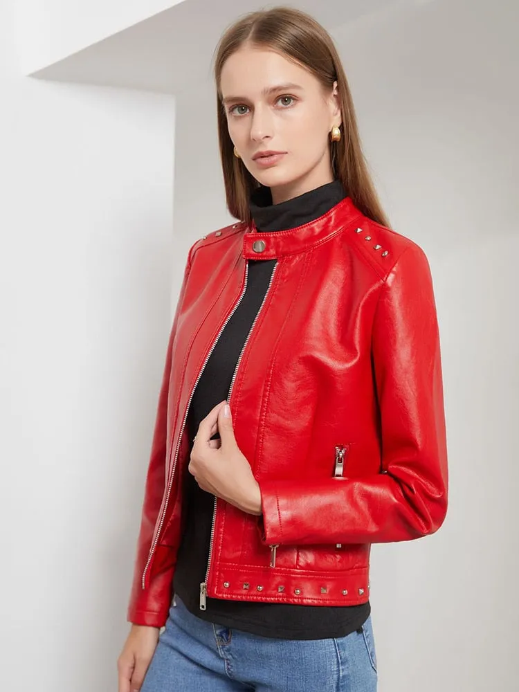 Women's Synthetic Leather Rivet O-Neck Moto Biker Zipper Jacket