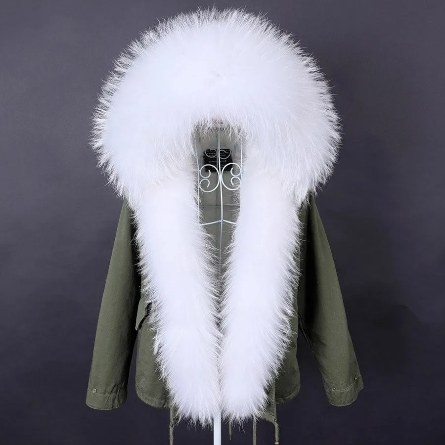 Women's White Natural Raccoon Fur Collared Solid Color Winter Jacket