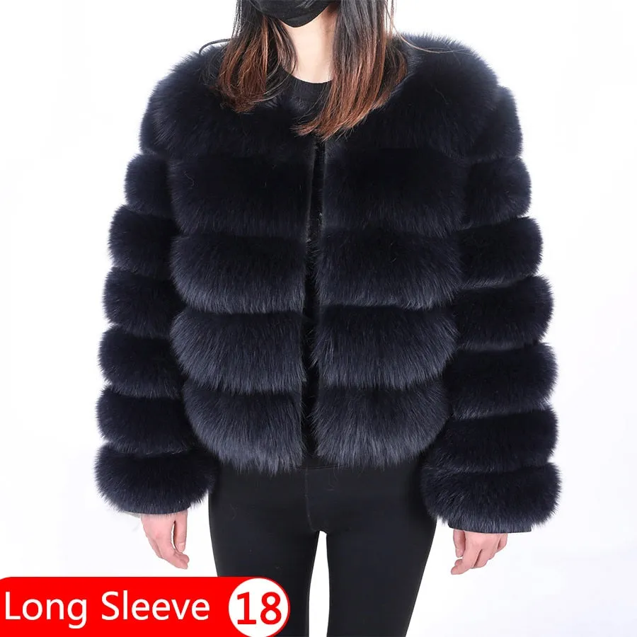 Women's Winter Real Fox Raccoon Fur Long Sleeve Leather Jacket