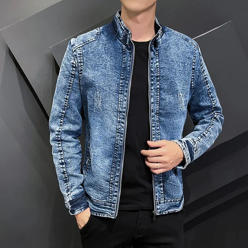 Xituodai Retro American denim jacket Men Coats Slim fitting standing collar Jackets for Men Casual Zip Up Autumn Warm Jacket Men