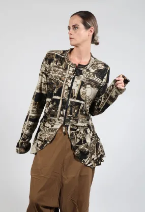 Zip Up Jacket with Ruffle Peplum Hem in Bronze Print