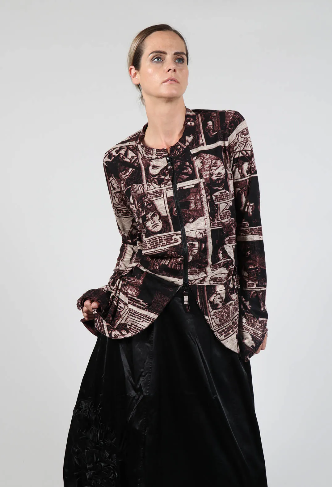 Zip Up Jacket with Ruffle Peplum Hem in Wood Print