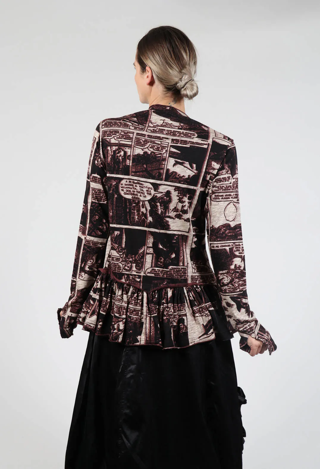 Zip Up Jacket with Ruffle Peplum Hem in Wood Print